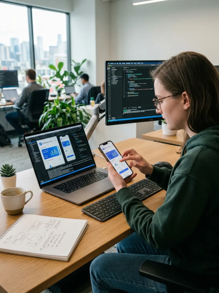 Developer testing a mobile app user interface