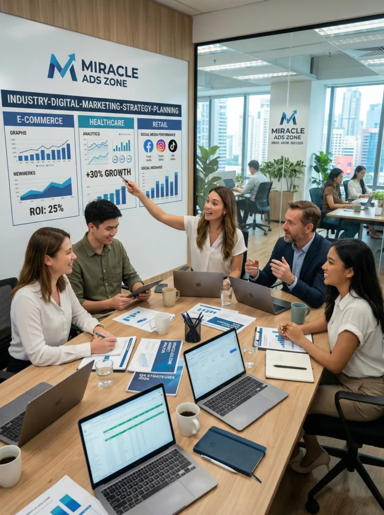 Team discussing an industry-specific digital marketing strategy