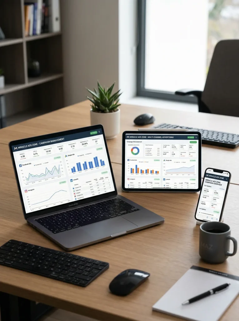 Laptop and tablet showing multi-channel marketing campaign management