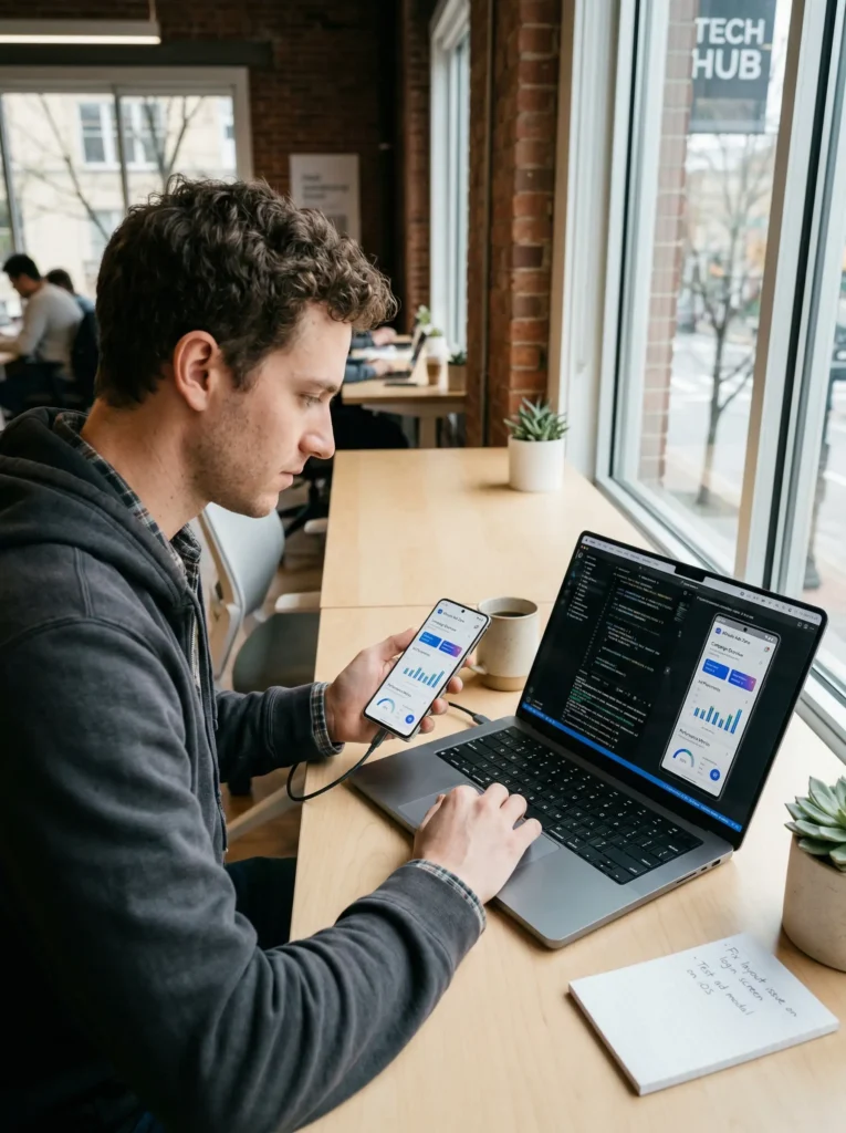 Developer testing a mobile app user interface