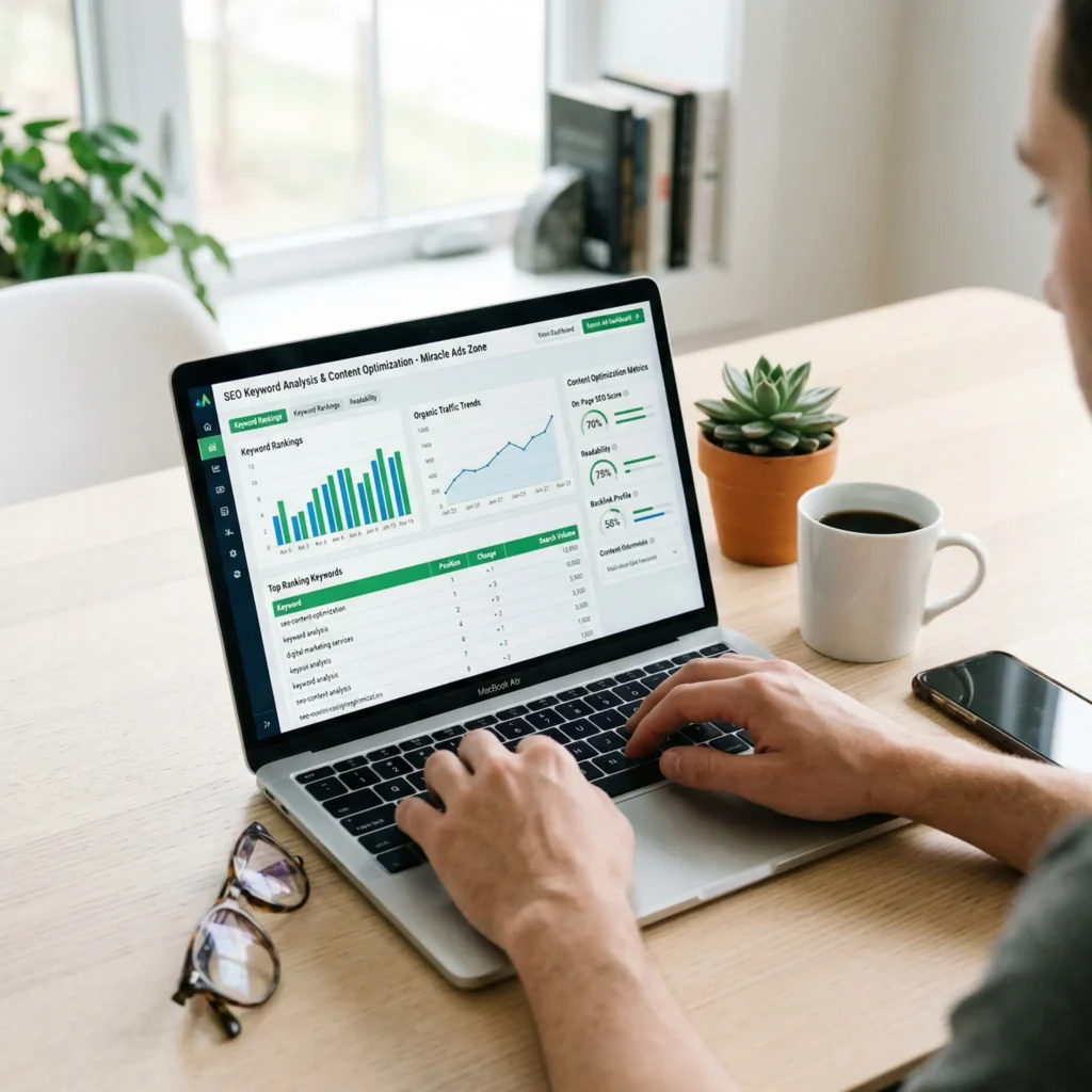 Laptop displaying SEO content optimization and keyword analysis