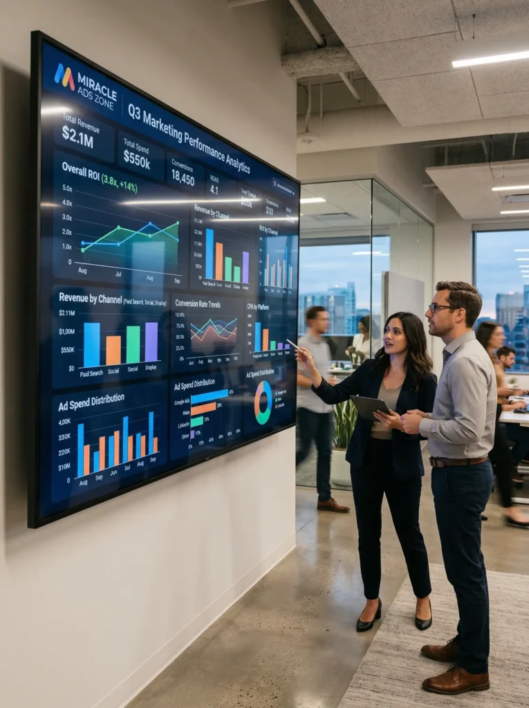 Large screen displaying data-driven marketing results and analytics