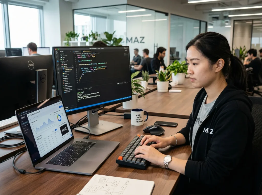 Developer working on a coding dashboard during development execution