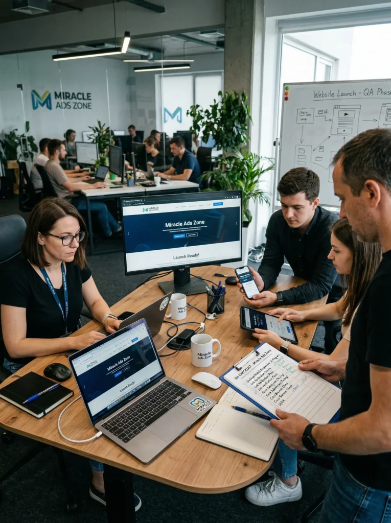 5_website-launch-testing-quality-assurancemiracle-ad_website-launch-testing-quality-assurance_miracle-ads-zone_team_reviewing_202603262150