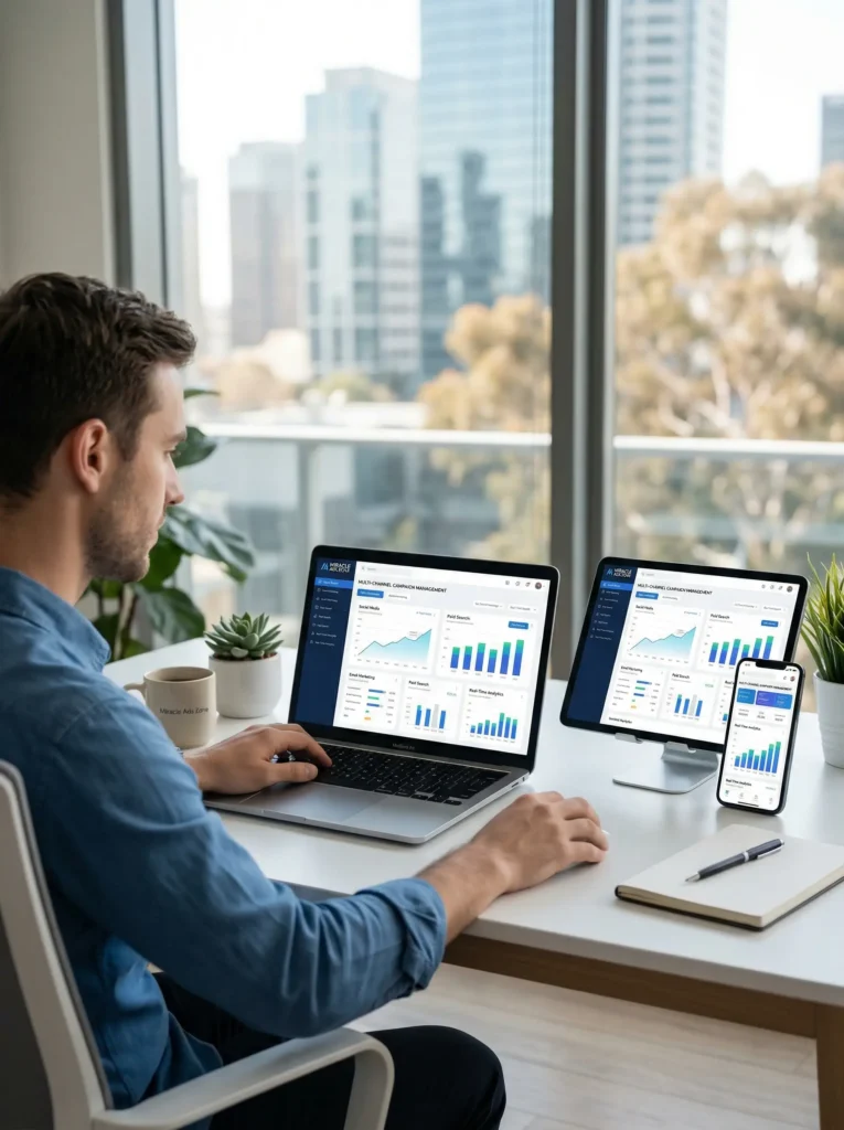 Laptop and tablet showing multi-channel marketing campaign management