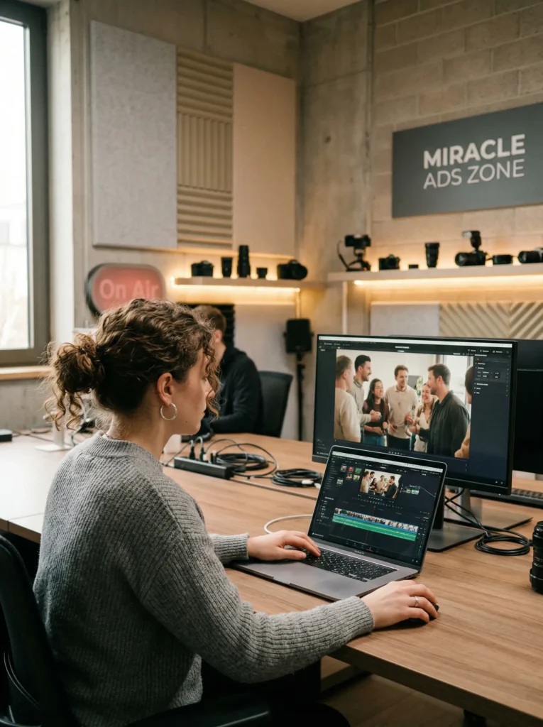Editor working in a video content production studio